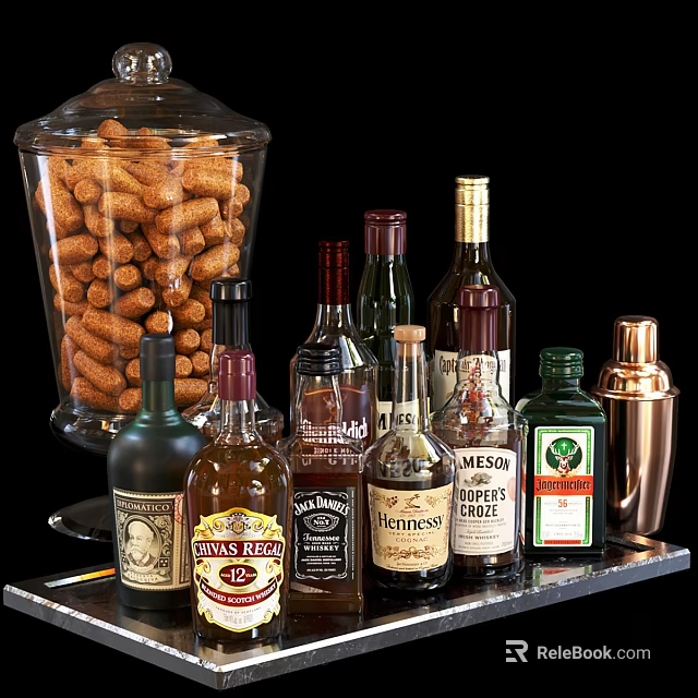 Assorted Liquor Bottles With Cork Container And Cocktail Shaker 3d model 