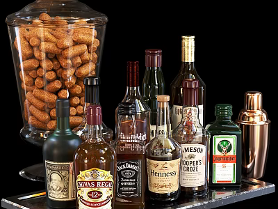 Assorted Liquor Bottles With Cork Container And Cocktail Shaker 3d model