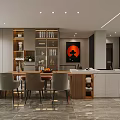 Modern Restaurant Kitchen With Open Layout Gray Cabinets Marble Floor Dining Table And Natural Light 3d model