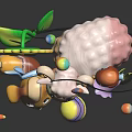 Cute Sheep Puppy and Bird with Sunflower Colorful Balls Leaves and Bell in Playful Scene