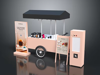 Pink Mobile Food Cart With Black Canopy And Menu Boards For Drinks Service 3d model