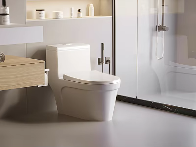 Modern Bathroom Interior Featuring White Toilet Wooden Vanity And Glass Shower Enclosure 3d model