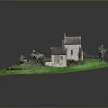 Old Church Building With Stone Structure Steeple Green Grass Path And Benches