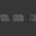 Three Concrete Barriers With Yellow And Black Stripes On Gray Reflective Surface