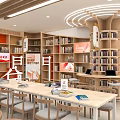 Modern Bright Open Lounge With Wooden Tables Chairs And Bookshelves In Spacious Interior