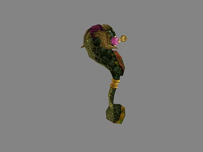 Ornate Green Curved Weapon with Purple Accents Golden Rings and Decorative Head 3d model