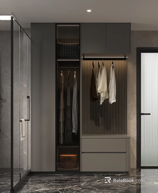 Modern Minimalist Wardrobe Interior With Hanging Clothes Drawers And Storage Design 3d model 