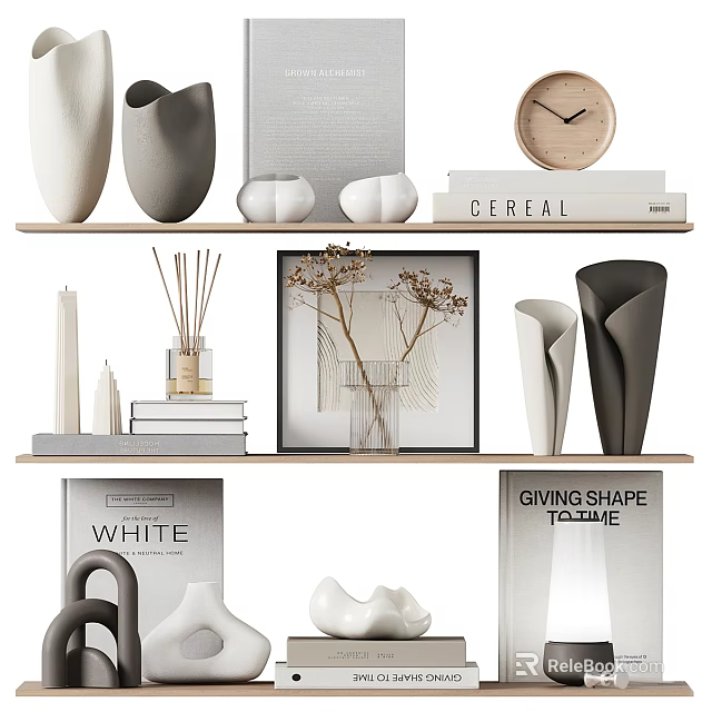 Stylish Decorative Ornament Set With Shelf Display Vases Books Clock And Framed Art 3d model 