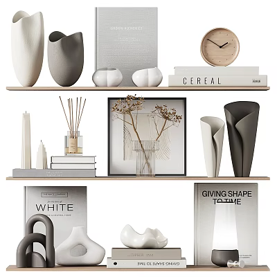 Stylish Decorative Ornament Set With Shelf Display Vases Books Clock And Framed Art 3d model