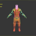 Golden Armored Figure With Crown Standing In Gray Background With Decorative Details