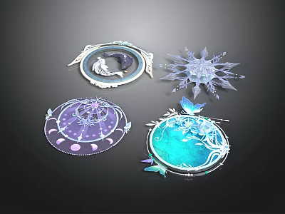 Delicate Round Decorative Coasters With Snowflake Moon Butterfly And Floral Patterns 3d model