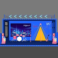 Vibrant Photo Check-in Spot With Neon Lights Stage Guitar And City Backdrop