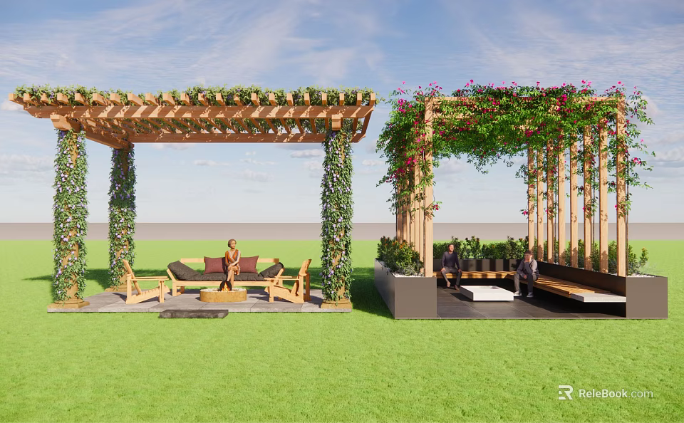 Wooden Outdoor Pergola Covered With Green Vines And Cozy Seating On Lawn 3d model 