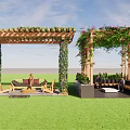 Wooden Outdoor Pergola Covered With Green Vines And Cozy Seating On Lawn
