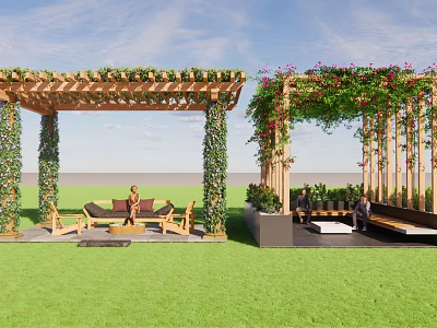 Wooden Outdoor Pergola Covered With Green Vines And Cozy Seating On Lawn 3d model