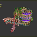Colorful Rotating Amusement Structure With Spiral Slide And Tiered Striped Platforms