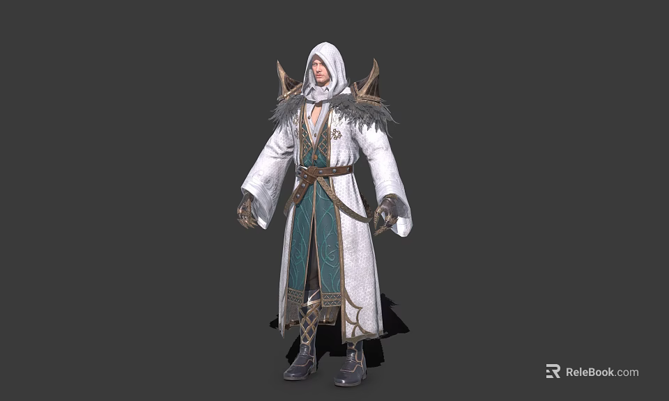Game Movie Character In Hooded White Robe With Green Sash And Feather Accents 3d model 