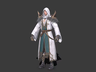 Game Movie Character In Hooded White Robe With Green Sash And Feather Accents 3d model