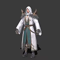 Game Movie Character In Hooded White Robe With Green Sash And Feather Accents
