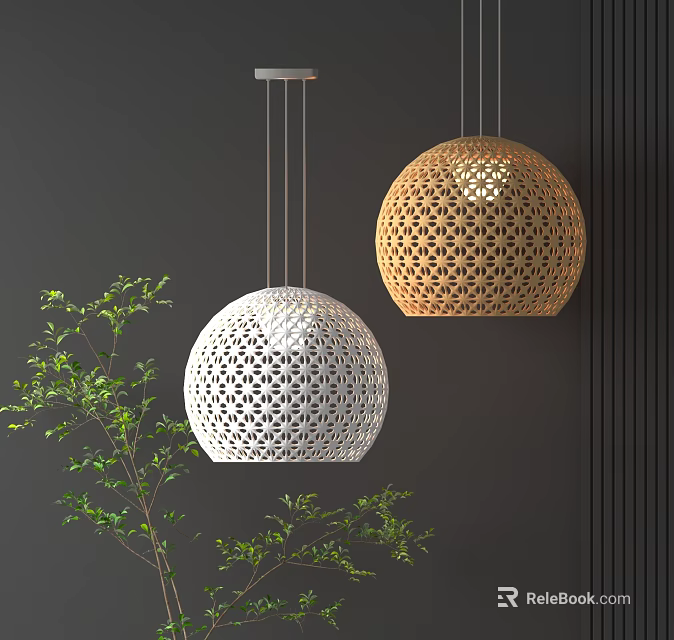 White and Brown Spherical Pendant Lights with Perforated Pattern Against Dark Wall and Green Plant 3d model 