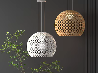 White and Brown Spherical Pendant Lights with Perforated Pattern Against Dark Wall and Green Plant 3d model