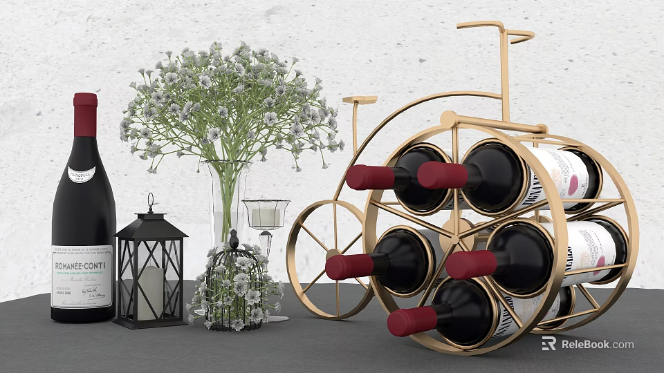 Decorative Ornament Combination With Golden Bicycle Wine Rack Glass Vase Black Lantern And Metal Birdcage 3d model 