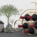Decorative Ornament Combination With Golden Bicycle Wine Rack Glass Vase Black Lantern And Metal Birdcage