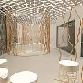 Modern Interior Design With Wavy Wooden Partitions Geometric Ceiling And Transparent Furniture