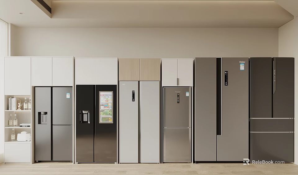 Modern Refrigerators With Various Styles And Stainless Steel Finishes On Display Lineup 3d model 