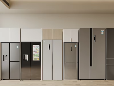 Modern Refrigerators With Various Styles And Stainless Steel Finishes On Display Lineup 3d model