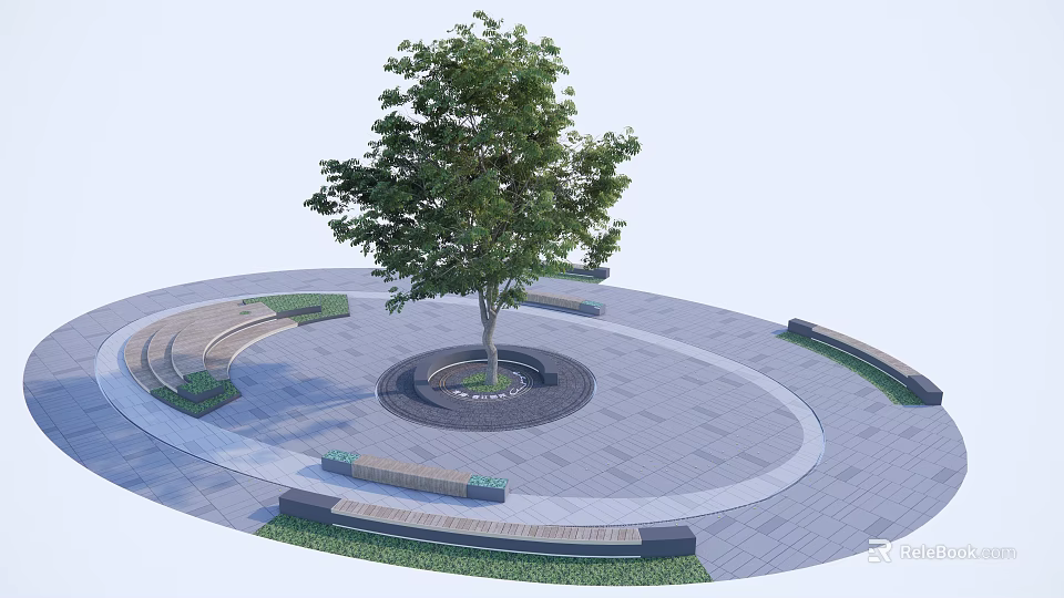 Circular Outdoor Plaza Design With Central Tree Surrounding Benches And Paved Ground 3d model 