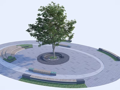 Circular Outdoor Plaza Design With Central Tree Surrounding Benches And Paved Ground 3d model