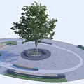 Circular Outdoor Plaza Design With Central Tree Surrounding Benches And Paved Ground