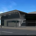 Modern Public Building Exterior With Glass Curtain Walls Curved Roof And Large Digital Screen