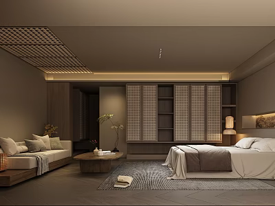 Serene Hotel Guest Room With Wooden Lattice Ceiling Sofa Bed Bookshelf And Area Rug 3d model