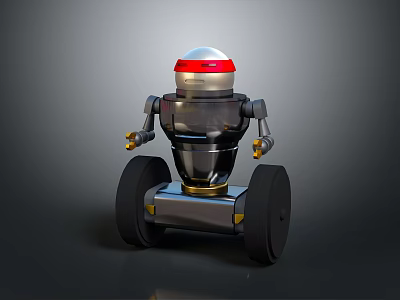 Robot Character With Red Top Transparent Body Metallic Structure Mechanical Arms And Wheels 3d model