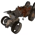 Vintage Steampunk Car with Metallic Body Multiple Wheels and Exposed Mechanical Details