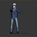 Welder Character In Blue Jacket Blue Jeans White Cap Holding Welding Helmet And Black Hose