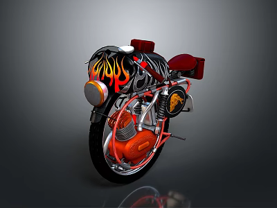 Custom Motorcycle With Flame Design Black Red Vintage Detailed Engine Seat Headlight 3d model