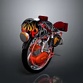 Custom Motorcycle With Flame Design Black Red Vintage Detailed Engine Seat Headlight