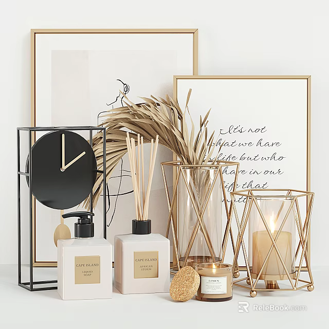 Elegant Decorative Ornament Set with Black Clock Gold Frame Diffuser Candle and Reeds 3d model