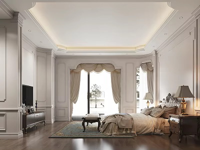 Elegant Bedroom Interior With White Walls Wooden Flooring Large Windows And Bed Linen 3d model