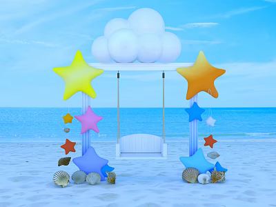 Beach Photo Spot With Colorful Star Decorations White Swing And Seashells 3d model