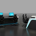 Modern Workstation Setup With Multiple Computer Monitors Black Chairs And Blue Lighting