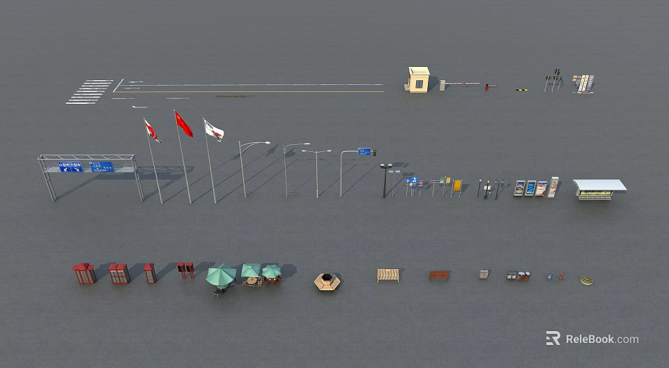 Road Infrastructure Featuring Flags Street Lamps Signs Toll Booth Canopies And Seats 3d model 