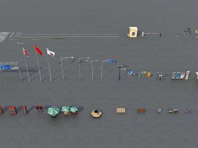 Road Infrastructure Featuring Flags Street Lamps Signs Toll Booth Canopies And Seats 3d model