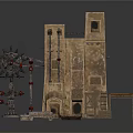 Industrial Scene Components With Stone Tower Gear Mechanism And Wooden Platform
