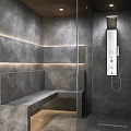 Modern Shower Sauna Interior Design With Wooden Benches Metal Fixtures And Marble Accents
