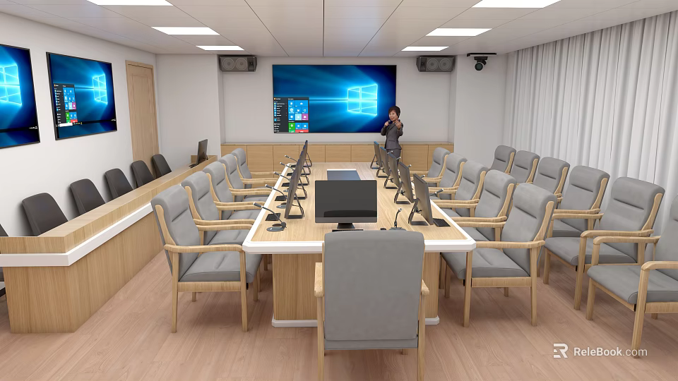 Modern Conference Room Interior With Long Wooden Table Comfortable Chairs Large Screen And Computers 3d model 