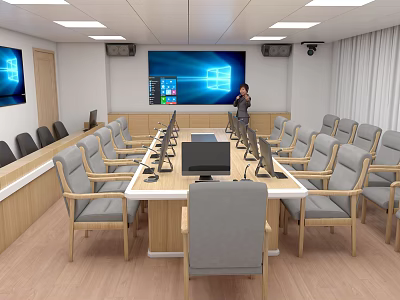 Modern Conference Room Interior With Long Wooden Table Comfortable Chairs Large Screen And Computers 3d model